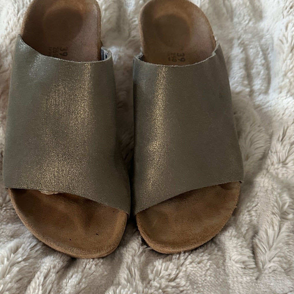 Papillio Birkenstock Metallic Silver Open-Toe Slide Mules